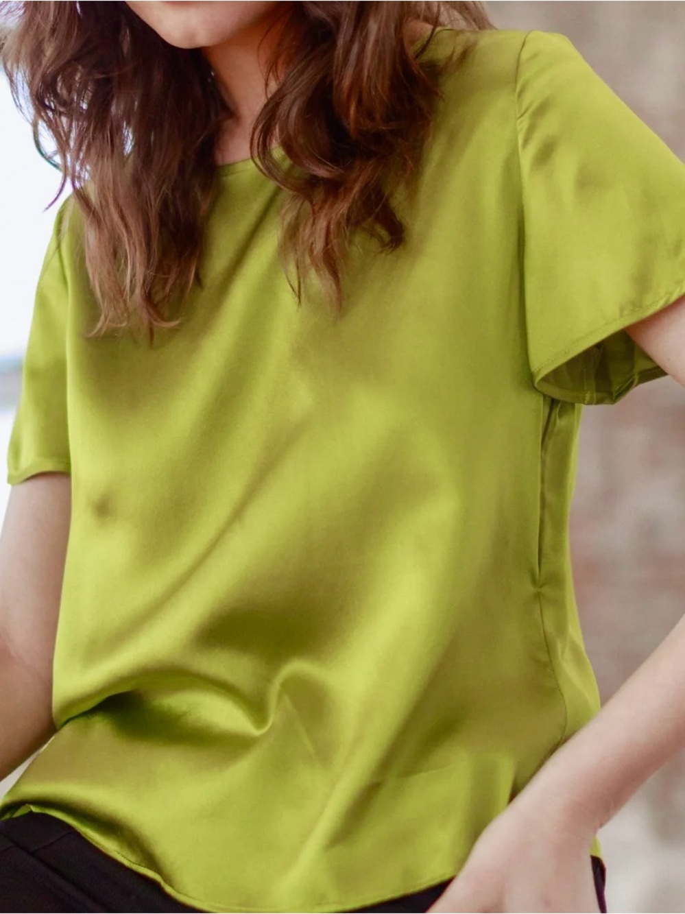 100% Silk Blouse | Lime Green, Chartreuse | Short Sleeve Top | Back Ruched Tie